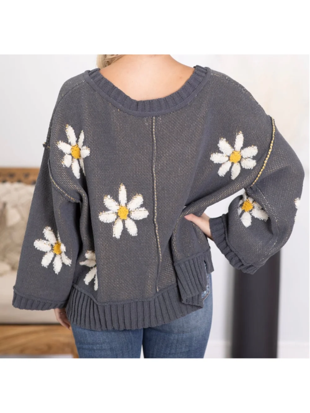 V-neck berber daisy floral pattern chenille pullover boho sweater gray medium - Picture 2 of 10